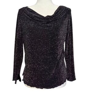 Vtg Y2K Black Sparkle Top Womens L Cowl Neck Celestial Whimsygoth Glam Retro